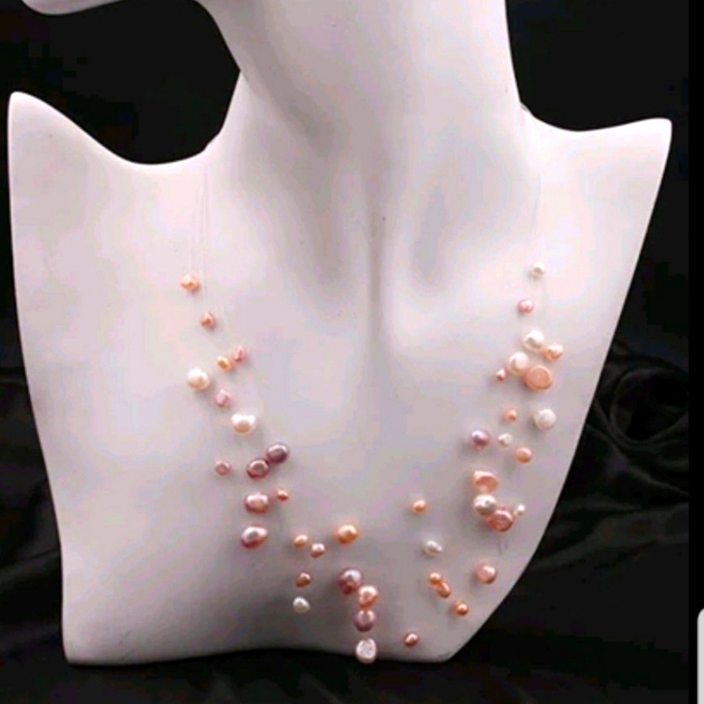 Freshwater Pearls Necklace 5 Layers 18" + 2"Light Pink, Purple and white